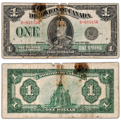 $1 1923 Dominion of Canada Note Black Seal Series B DC-25a - Damaged Filler