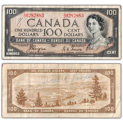 $100 1954 Bank of Canada Note Coyne-Towers Devil Face BC-35a - Writing