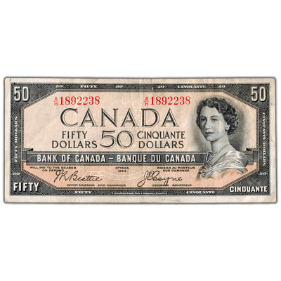 SOLD $50 1954 Bank of Canada Note Beattie-Coyne Devil Face BC-34b - Tear/Residue
