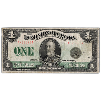 $1 1923 Dominion of Canada Note Black Seal Series A DC-25a - Fine (pinholes)