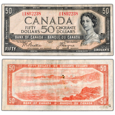 SOLD $50 1954 Bank of Canada Note Beattie-Coyne Devil Face BC-34b - Tear/Residue