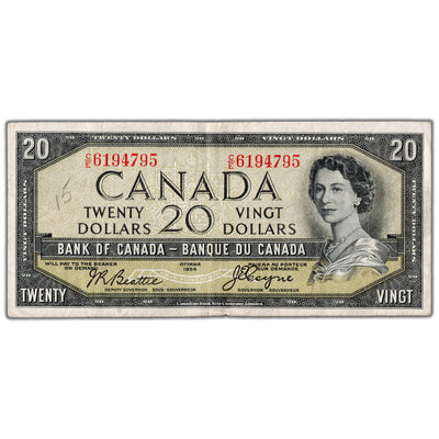 SOLD $20 1954 Bank of Canada Note Devil Face C/E Prefix BC-33b - F/VF (issues)