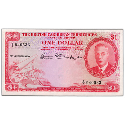 British Caribbean Territories 1950 $1 One Dollar Note P #1a - AU+
