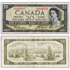 SOLD $20 1954 Bank of Canada Note Devil Face C/E Prefix BC-33b - F/VF (issues)