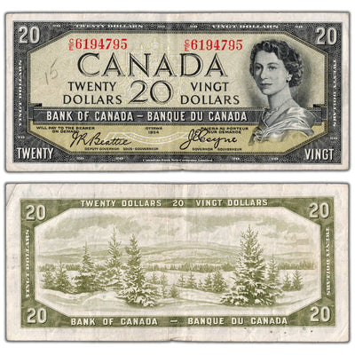 SOLD $20 1954 Bank of Canada Note Devil Face C/E Prefix BC-33b - F/VF (issues)
