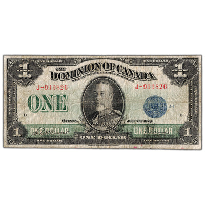 $1 1923 Dominion of Canada Note Blue Seal Series J DC-25c - VG/F