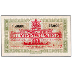 Straits Settlements 1919 10 Ten Cents Note P #8b - VF/EF