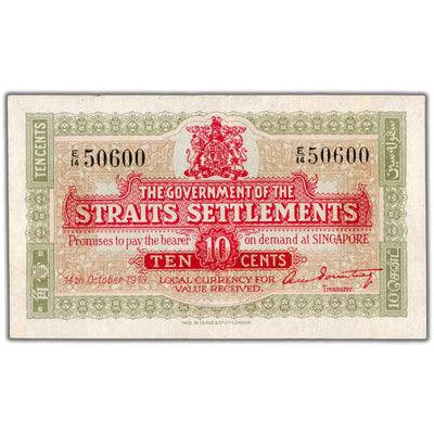 Straits Settlements 1919 10 Ten Cents Note P #8b - VF/EF