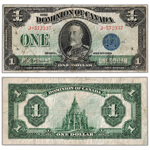 $1 1923 Dominion of Canada Note Blue Seal Series J DC-25c - About Fine
