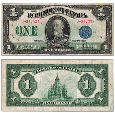 $1 1923 Dominion of Canada Note Blue Seal Series J DC-25c - About Fine