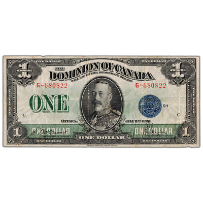 $1 1923 Dominion of Canada Note Blue Seal Series G DC-25c - VF (minor tear)