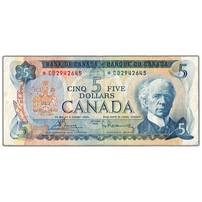 SOLD $5 1972 Bank of Canada Note *CD Replacement Prefix BC-48aA - Writing