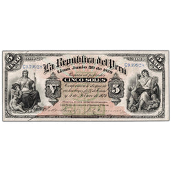 Peru 1879 5 Five Soles Note P #4 - VF/EF