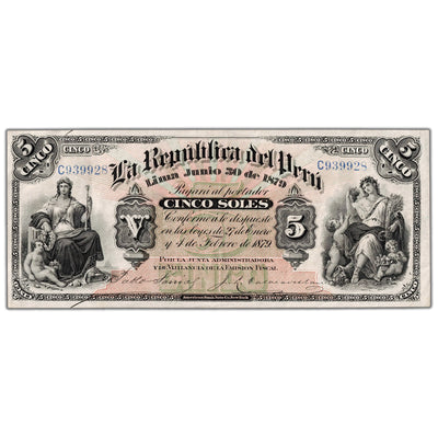 Peru 1879 5 Five Soles Note P #4 - VF/EF
