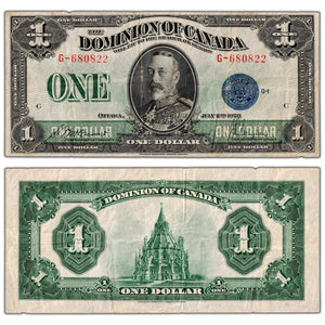 $1 1923 Dominion of Canada Note Blue Seal Series G DC-25c - VF (minor tear)