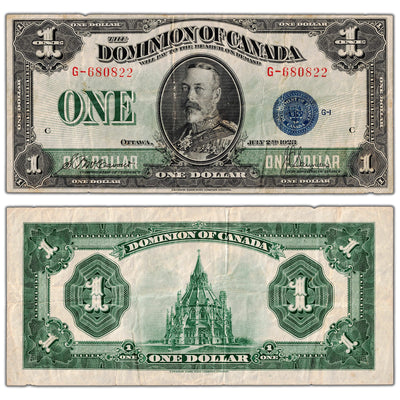$1 1923 Dominion of Canada Note Blue Seal Series G DC-25c - VF (minor tear)