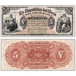 Peru 1879 5 Five Soles Note P #4 - VF/EF