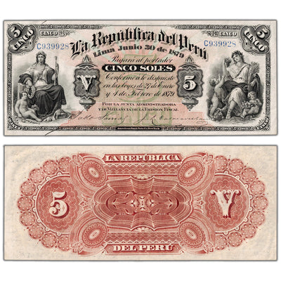 Peru 1879 5 Five Soles Note P #4 - VF/EF