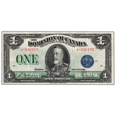 $1 1923 Dominion of Canada Note Blue Seal Series J DC-25c - VF/EF