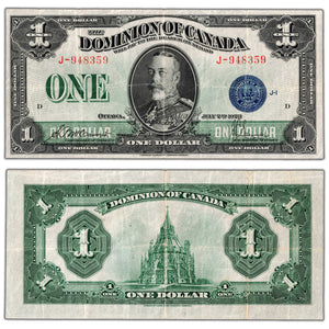$1 1923 Dominion of Canada Note Blue Seal Series J DC-25c - VF/EF