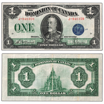 $1 1923 Dominion of Canada Note Blue Seal Series J DC-25c - VF/EF