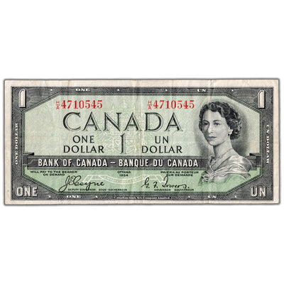 $1 1954 Bank of Canada Note Devil Face H/A Changeover Prefix BC-29a - F/VF