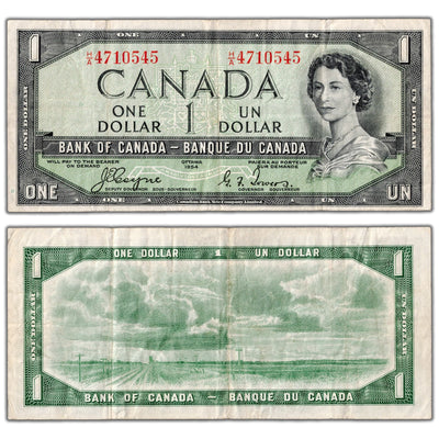 $1 1954 Bank of Canada Note Devil Face H/A Changeover Prefix BC-29a - F/VF
