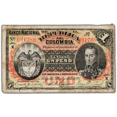 Colombia 1895 1 One Peso Note P #234 - Previously Mounted