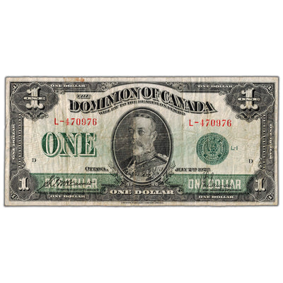 $1 1923 Dominion of Canada Note Green Seal Series L DC-25d - Fine (staple hole)