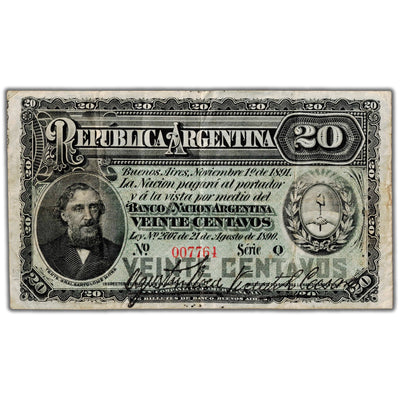 Argentina 1890 20 Centavos Note P #211a - VF