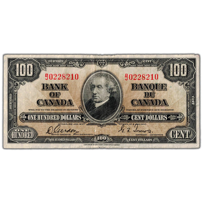 SOLD $100 1937 Bank of Canada Note Gordon-Towers B/J Prefix BC-27b - F/VF