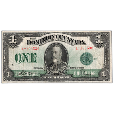 $1 1923 Dominion of Canada Note Green Seal Series L DC-25d - F/VF