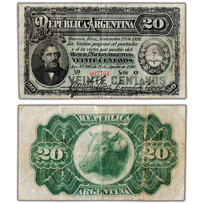 Argentina 1890 20 Centavos Note P #211a - VF