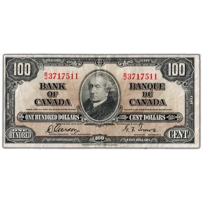 $100 1937 Bank of Canada Note Gordon-Towers B/J Prefix BC-27b - VF