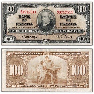 $100 1937 Bank of Canada Note Gordon-Towers B/J Prefix BC-27b - VF