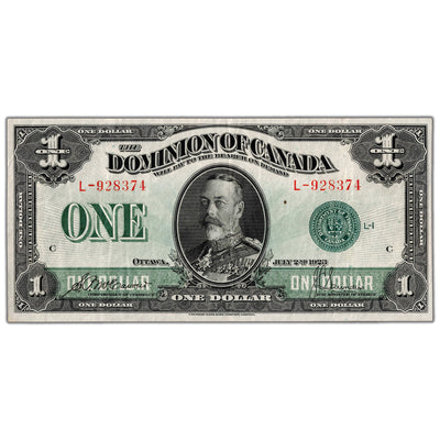 $1 1923 Dominion of Canada Note Green Seal Series L DC-25d - VF/EF
