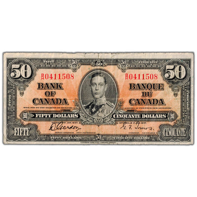 $50 1937 Bank of Canada Note Gordon-Towers B/H Prefix BC-26b - Edge Tears