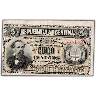 Argentina 1884 5 Five Centavos Note P #5 - VF+