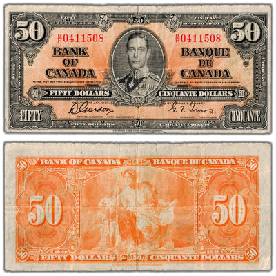 $50 1937 Bank of Canada Note Gordon-Towers B/H Prefix BC-26b - Edge Tears