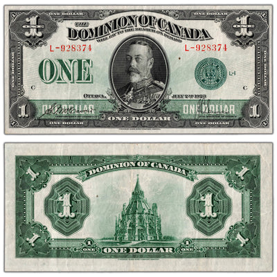 $1 1923 Dominion of Canada Note Green Seal Series L DC-25d - VF/EF