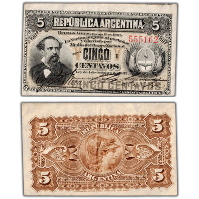Argentina 1884 5 Five Centavos Note P #5 - VF+