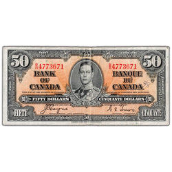 $50 1937 Bank of Canada Note Coyne-Towers B/H Prefix BC-26c - VF (writing)
