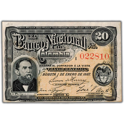 SOLD Colombia 1887 20 Centavos Note P#190 - VF