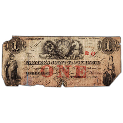 SOLD $1 1849 Farmer's Joint Stock Bank Note #280-14-04-02 - Heavily Damaged