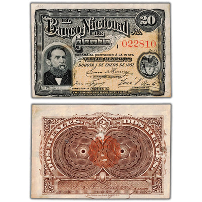 SOLD Colombia 1887 20 Centavos Note P#190 - VF