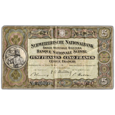 Switzerland 1951 5 Five Francs Note P #51o - Circulated