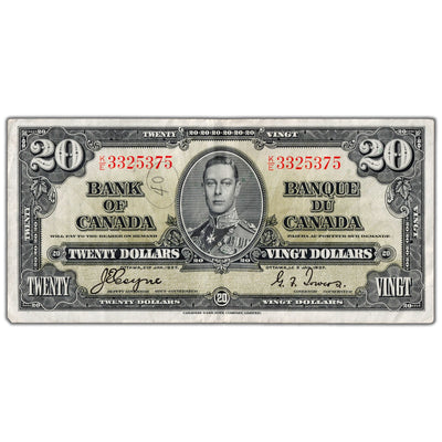 SOLD $20 1937 Bank of Canada Note Coyne-Towers K/E Prefix BC-26c - VF+ (pencil)