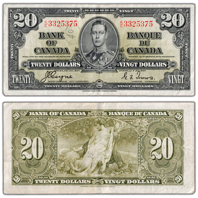SOLD $20 1937 Bank of Canada Note Coyne-Towers K/E Prefix BC-26c - VF+ (pencil)