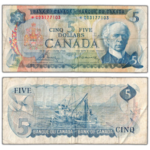 SOLD $5 1972 Bank of Canada Note *CD Replacement Prefix BC-48aA - Minor Writing