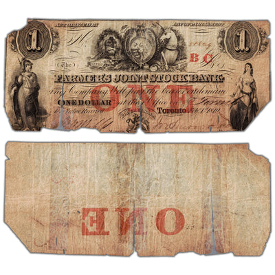 SOLD $1 1849 Farmer's Joint Stock Bank Note #280-14-04-02 - Heavily Damaged